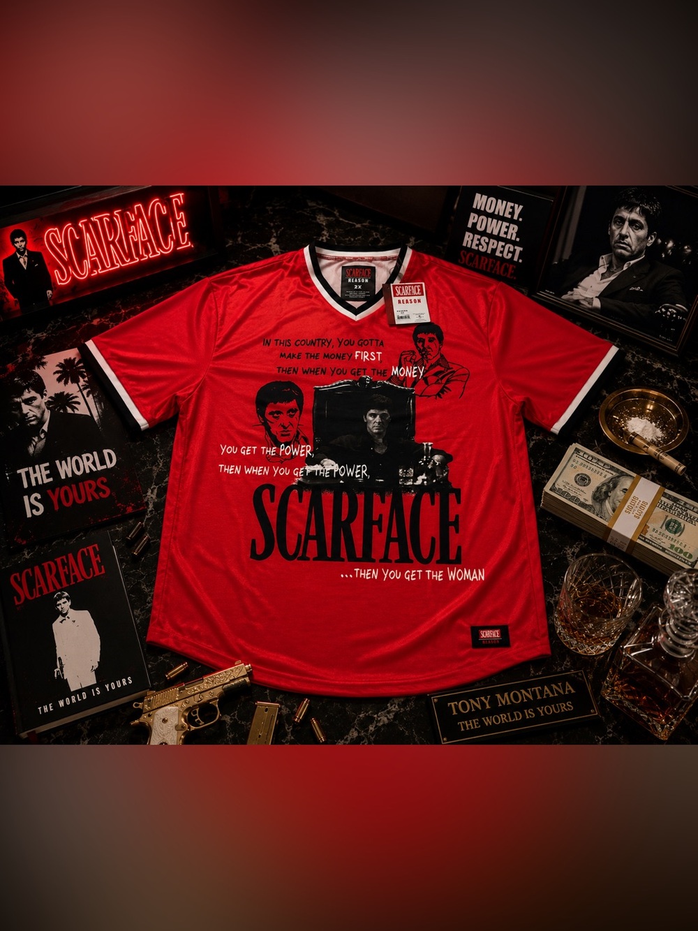 NWT Scarface Tony Montana Graphic Jersey Shirt Red 2XL Reason